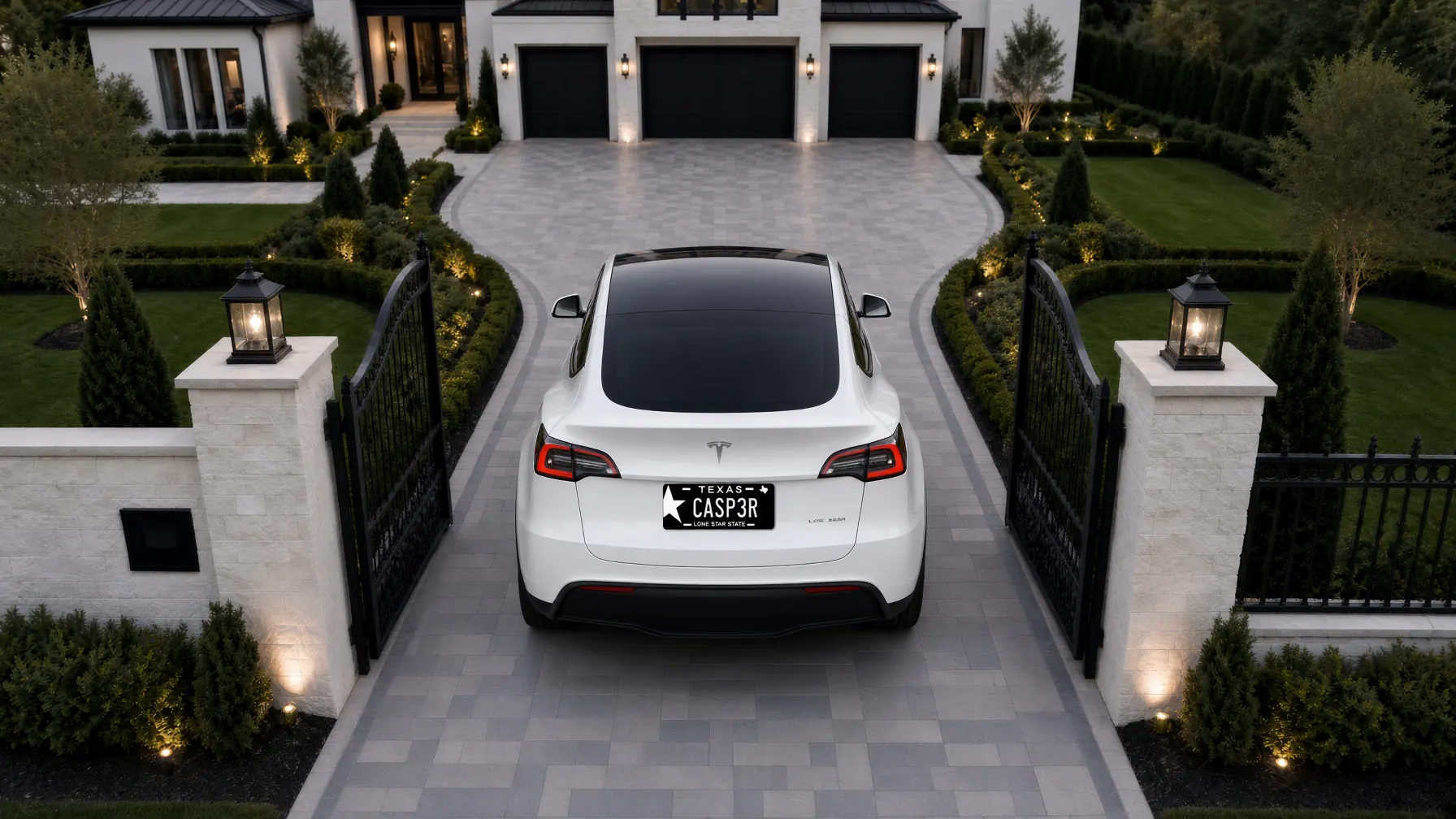 A white SUV with Texas CASP3R plates rolling through an open wrought-iron driveway gate toward a three-bay garage at dusk — gates and garage doors by Casp3r, DFW